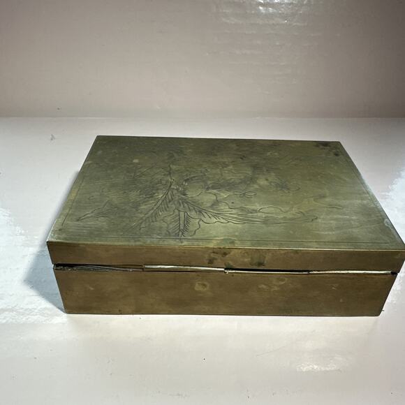 Vintage Brass Asian Jewelry Box With Art Image Old Trinket Box Antique Brass Box - Picture 8 of 12